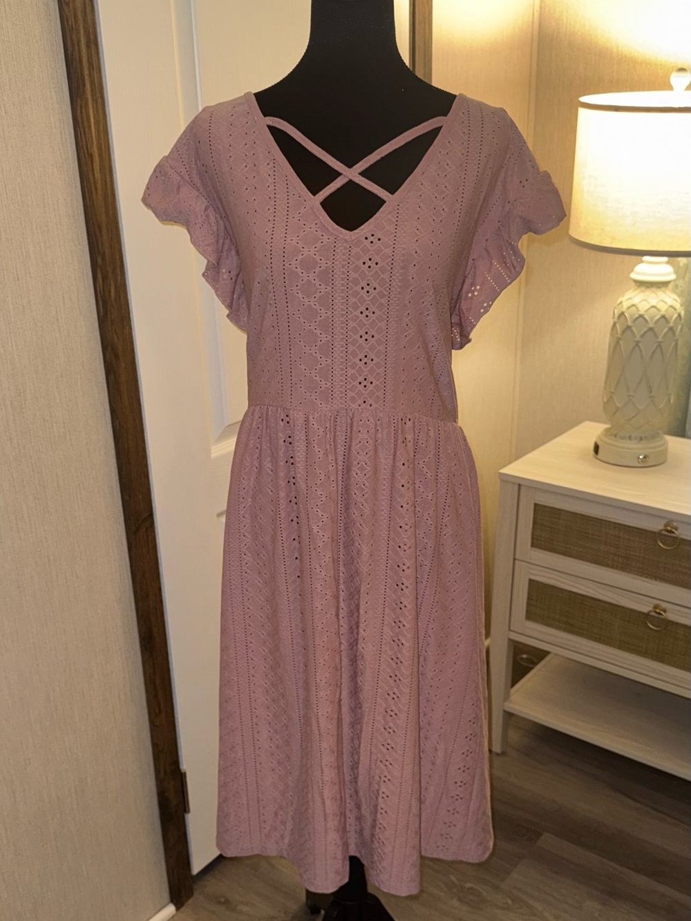 Crisscross V-Neck Dusty Rose Eyelet Mini Dress - Picture 2 of 4